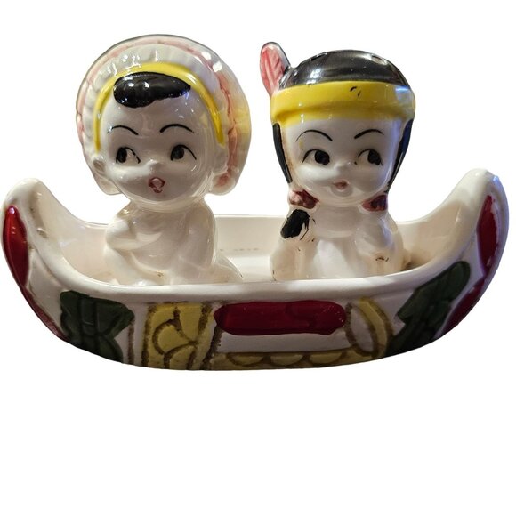 Vintage Ceramic Salt & Pepper Shakers Native American Boy and Girl n Canoe - Picture 1 of 14